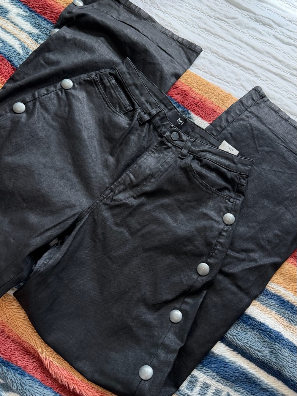 3x1 Black Wide Leg Flared Jeans with Button Trim
